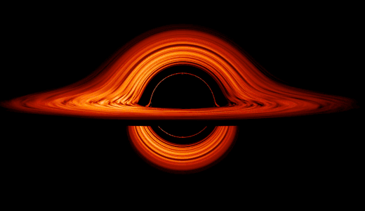 a black hole accretion disk. the rear side of the disk and be seen bent round the curvature of the black hole